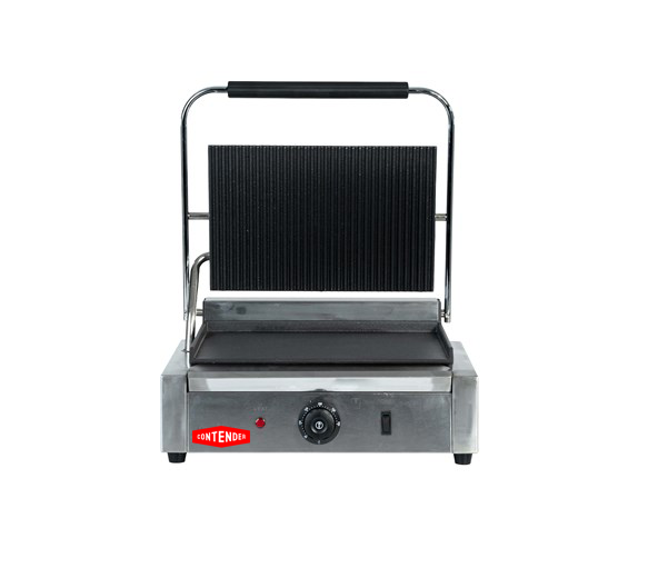 Contender Heavy Duty Large Single Panini - Contact Grill Ribbed Top - Flat Bottom Plates